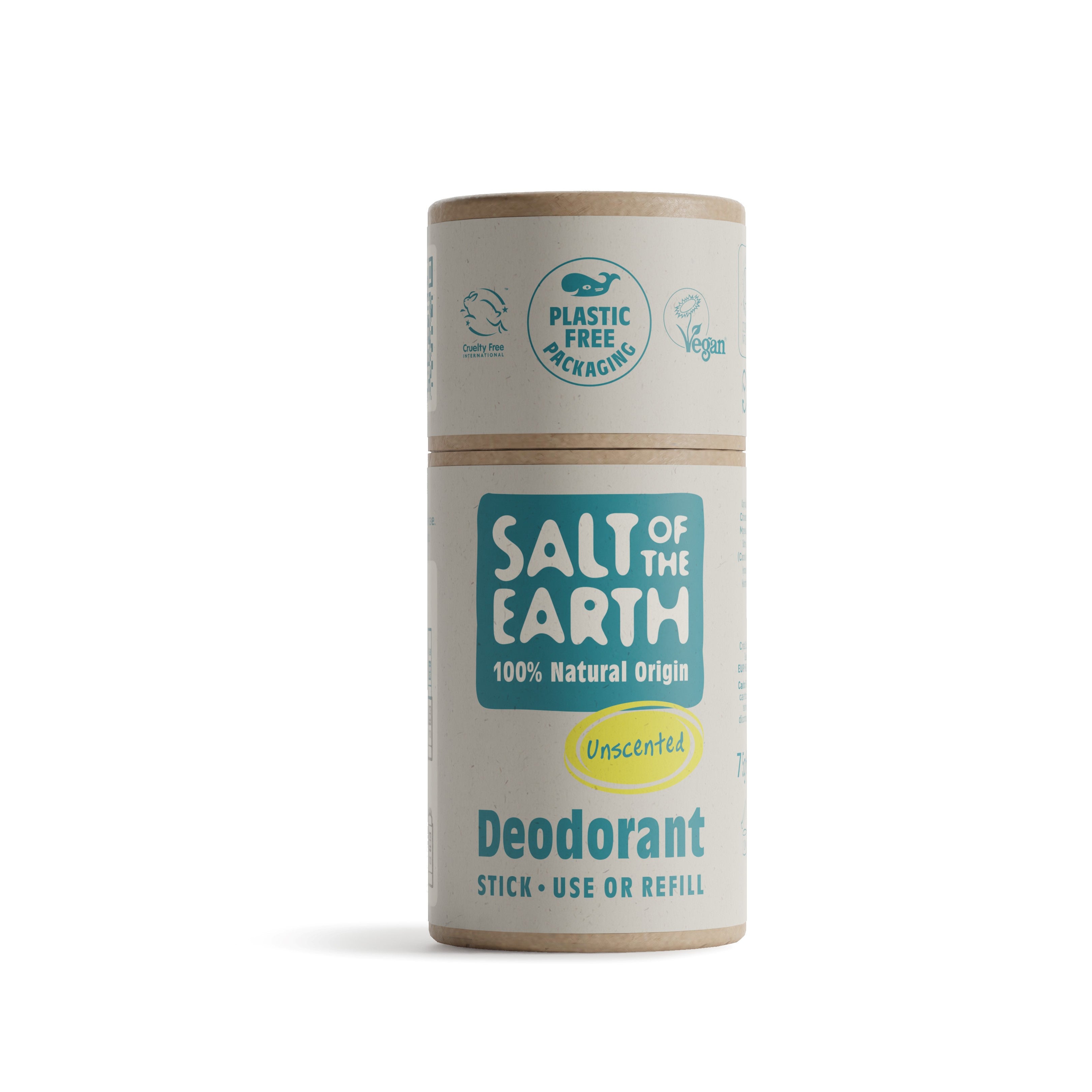 Salt of the Earth 75g Unscented natural deodorant stick with plastic-free packaging.
