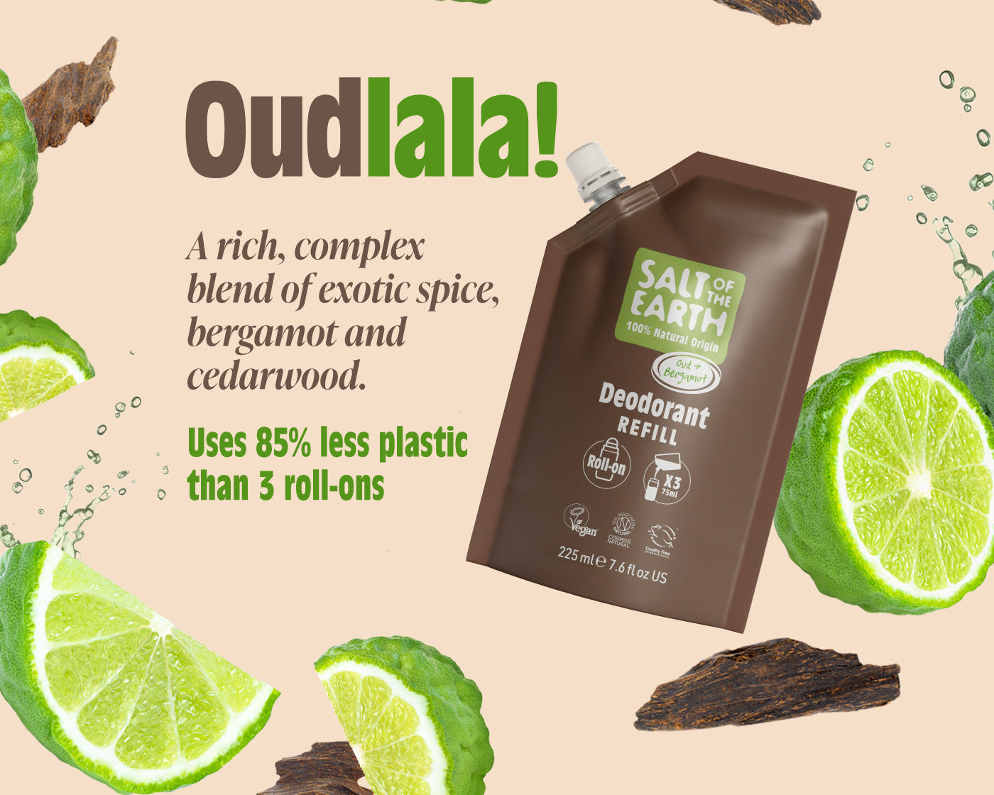 Salt of the Earth Oud & Bergamot roll-on deodorant refill pouch with natural ingredients like lime, bergamot, and cedarwood, promoting 85% less plastic use compared to three roll-ons.