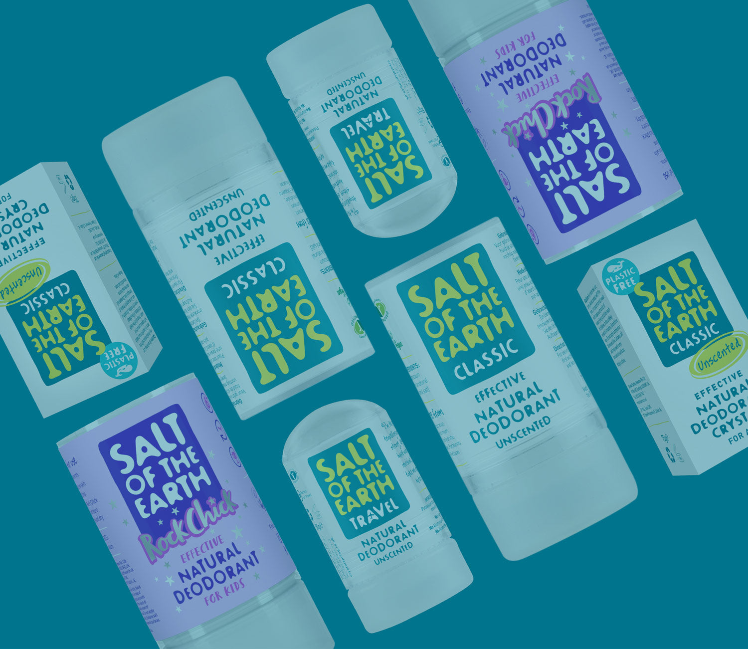 Four rows of Salt of the Earth natural crystal deodorants on a green background 