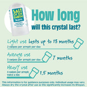 Usage duration guide for Salt of the Earth Classic Natural Deodorant Travel Crystal - light use lasts up to 18 months, average use 7 months, heavy use 1.5 months.