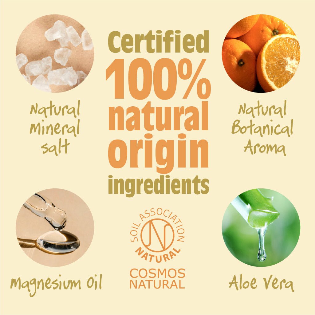 Certified 100% natural origin ingredients: natural mineral salt, natural botanical aroma, magnesium oil, and aloe vera