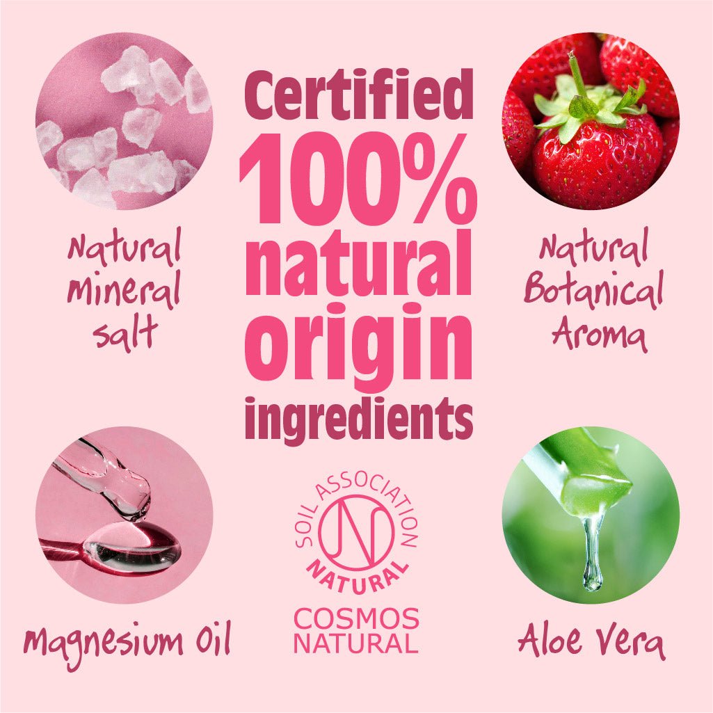 Certified 100% natural origin ingredients: natural mineral salt, natural botanical aroma, magnesium oil, and aloe vera